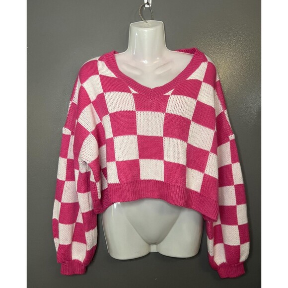 Better Be Sweaters - Better Be Sweater Womens Medium Pink White Checkered Cropped Balloon Sleeve